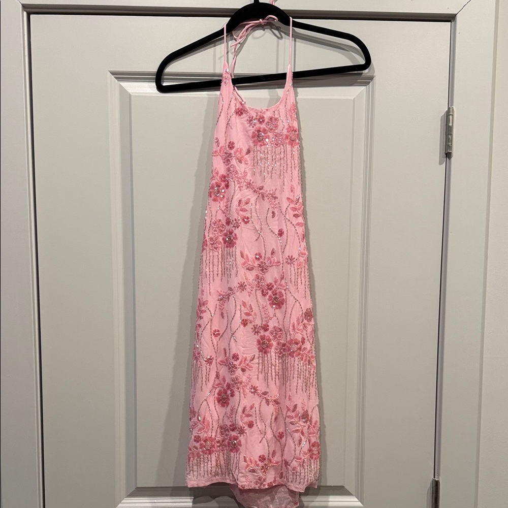 Pink Floral Beaded Halter Dress Open Back